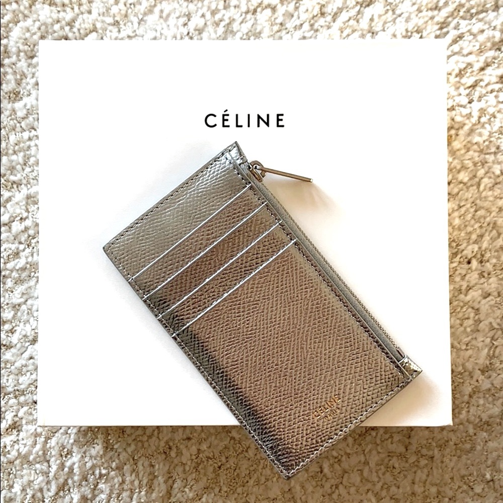 Celine Zipped Compact Card Holder Wallet Silver